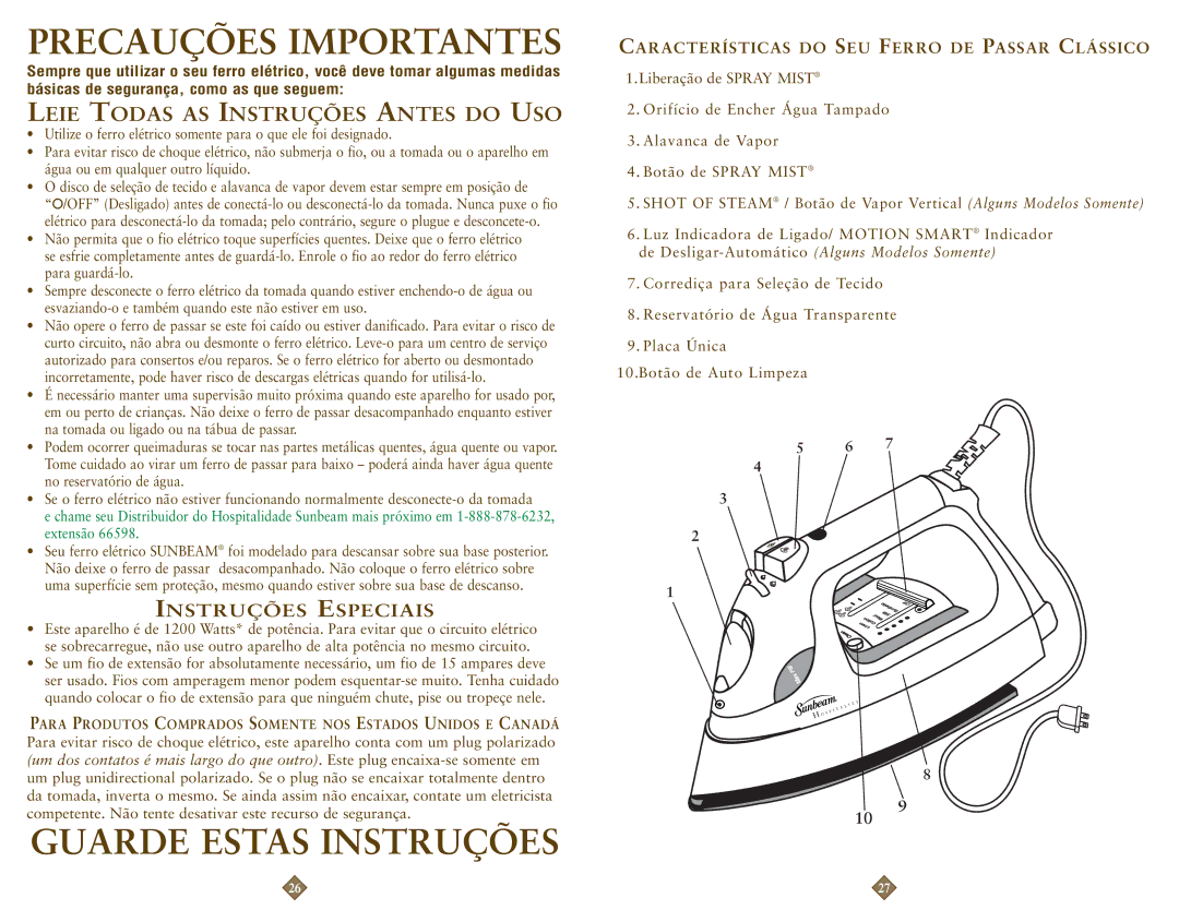 Sunbeam 3964-099, 3965-099 instruction manual Precauções Importantes 