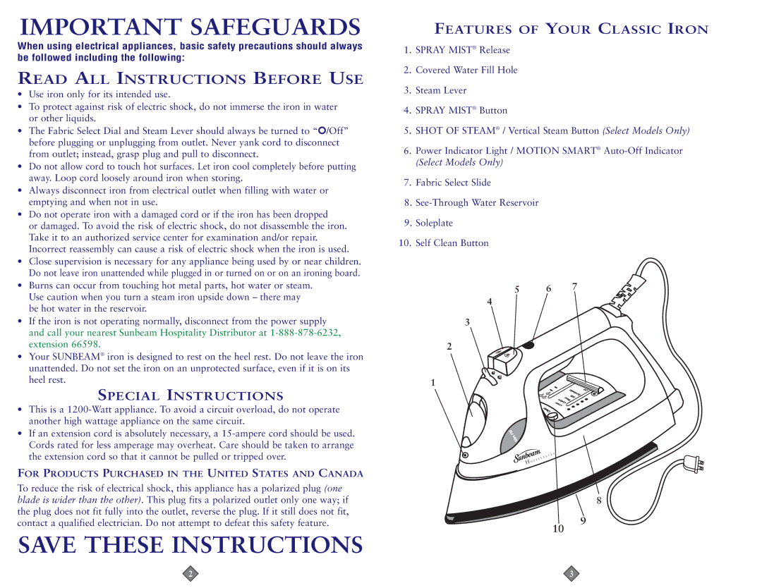 Sunbeam 3964-099, 3965-099 instruction manual Important Safeguards 