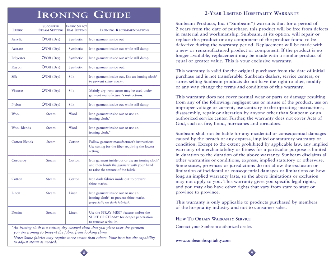 Sunbeam 3965-099, 3964-099 instruction manual Ironing Guide 