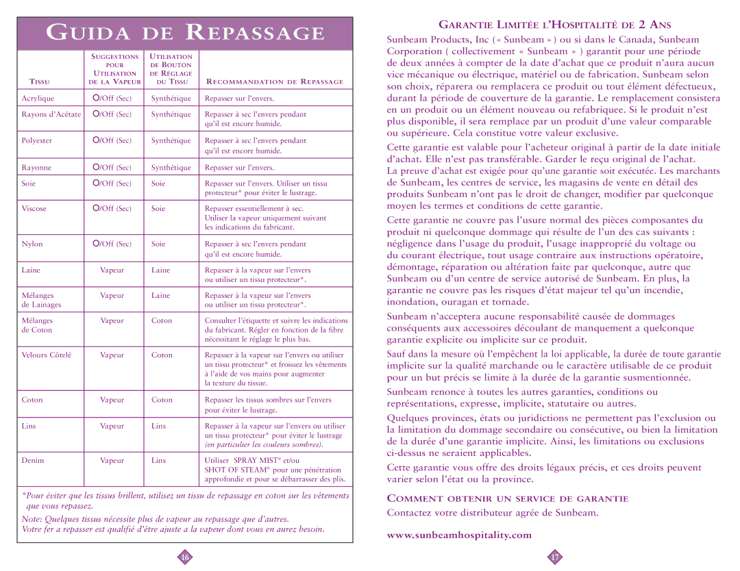 Sunbeam 3965-099, 3964-099 instruction manual Guida DE Repassage 