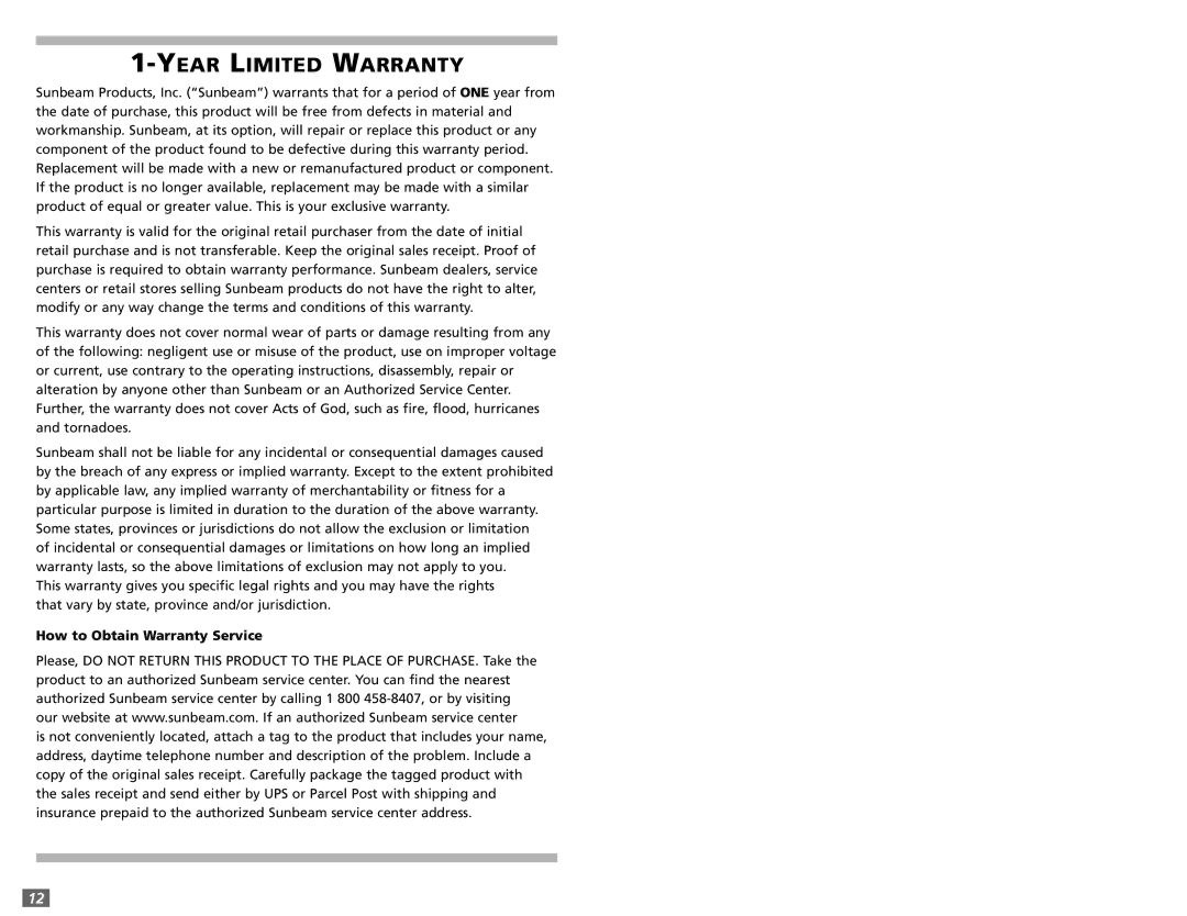 Sunbeam 3980 user manual Year Limited Warranty 