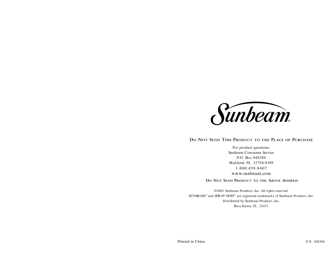 Sunbeam 3980 user manual 800.458.8407 