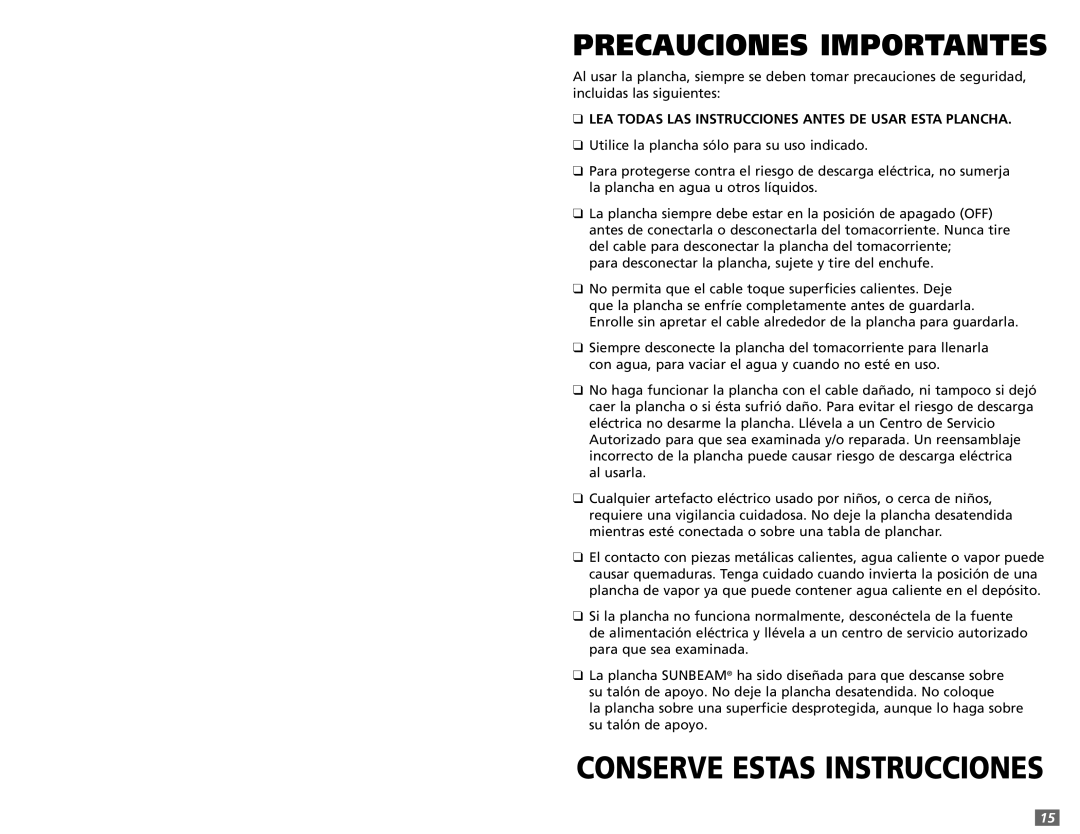 Sunbeam 3980 user manual Precauciones Importantes 