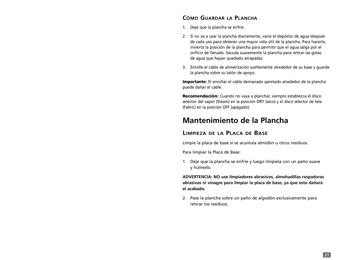 Sunbeam 3980 user manual Mantenimiento de la Plancha, Cómo Guardar LA Plancha 