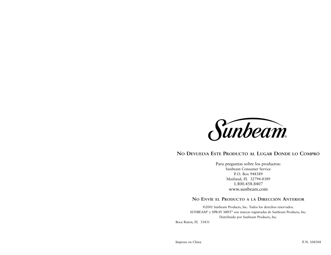 Sunbeam 3980 user manual No Devuelva Este Producto AL Lugar Donde LO Compró 