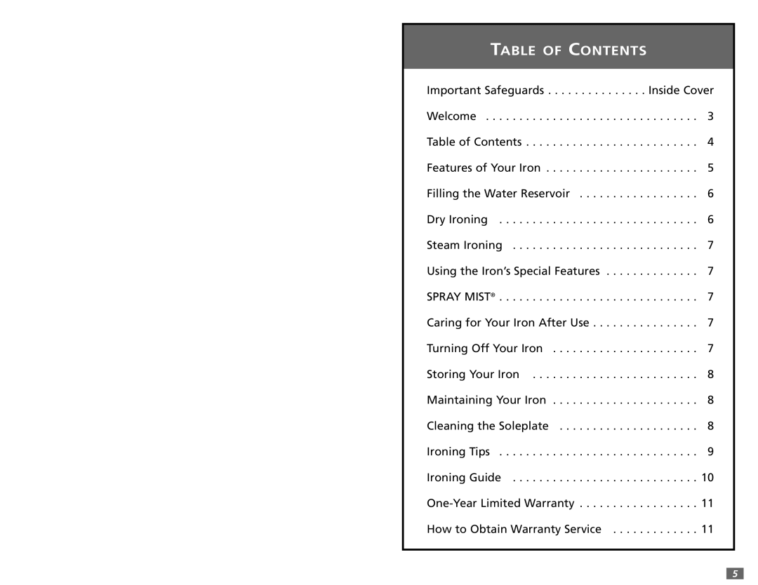 Sunbeam 3980 user manual Table of Contents 