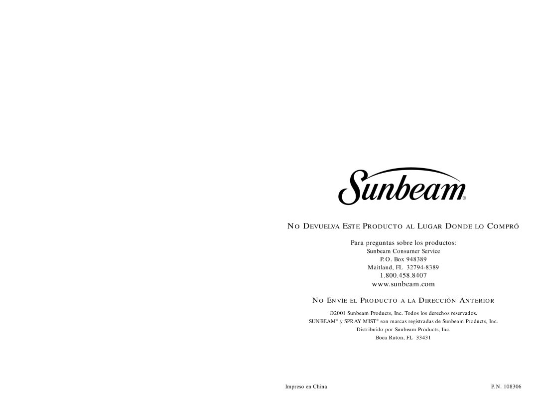 Sunbeam 3981 user manual No Devuelva Este Producto AL Lugar Donde LO Compró 