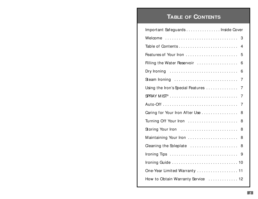 Sunbeam 3981 user manual Table of Contents 