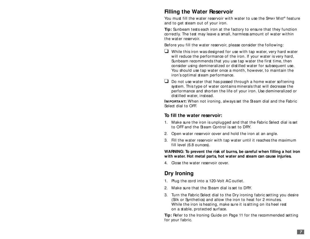 Sunbeam 3981 user manual Filling the Water Reservoir, Dry Ironing 