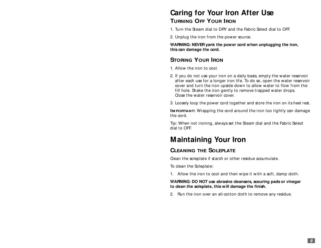 Sunbeam 3981 user manual Caring for Your Iron After Use, Maintaining Your Iron, Turning OFF Your Iron, Storing Your Iron 