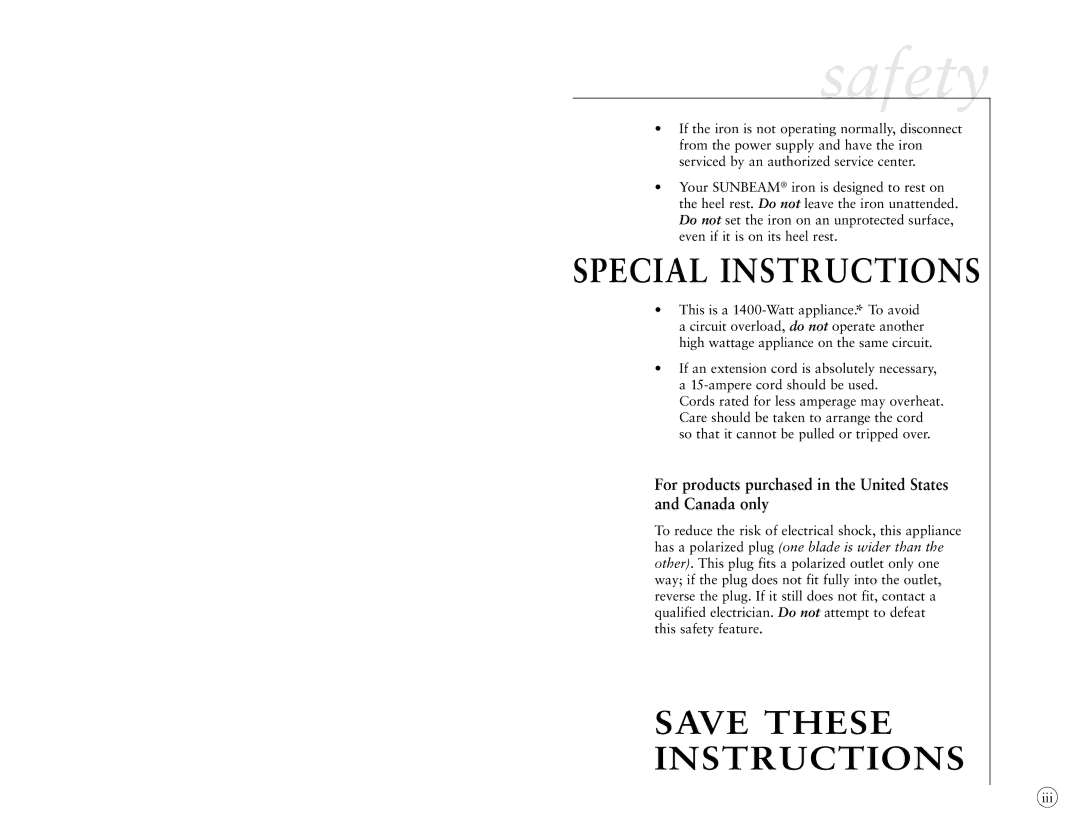 Sunbeam 4040-026 user manual Safety, Special Instructions 