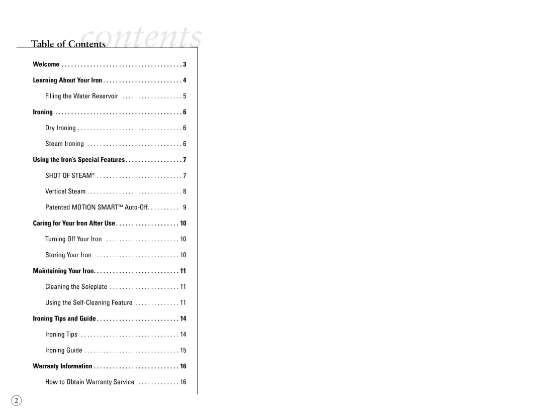 Sunbeam 4040-026 user manual Table of Contentscontents 