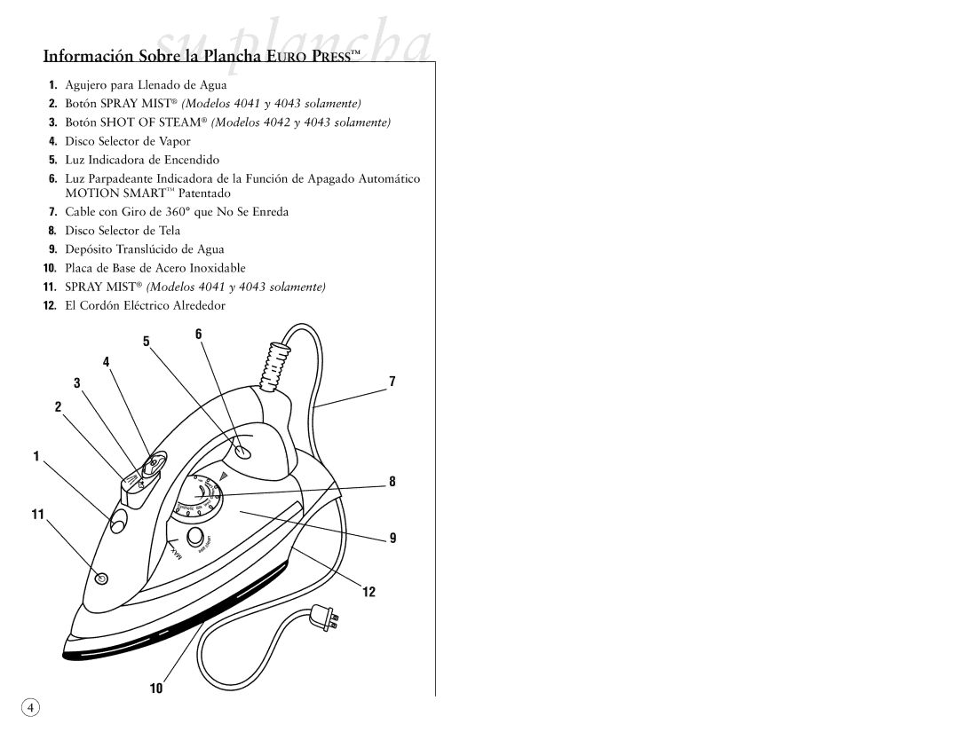 Sunbeam 4041, 4043, 4042 user manual Información Sobresula PlanchaplanchaEURO Press 