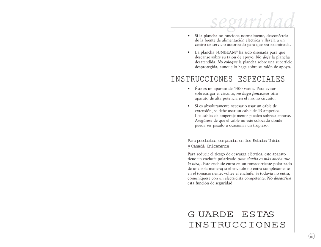 Sunbeam 4044, 4045 user manual Seguridad, Instrucciones Especiales 