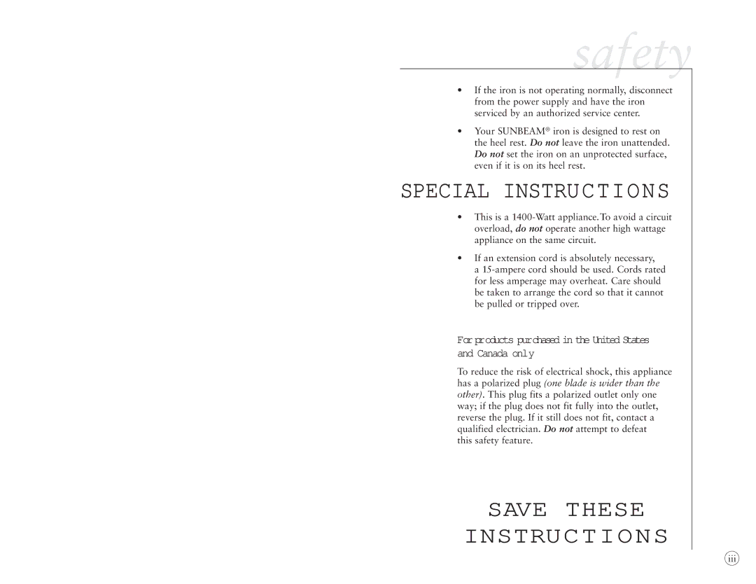 Sunbeam 4044, 4045 user manual Safety, Special Instructions 