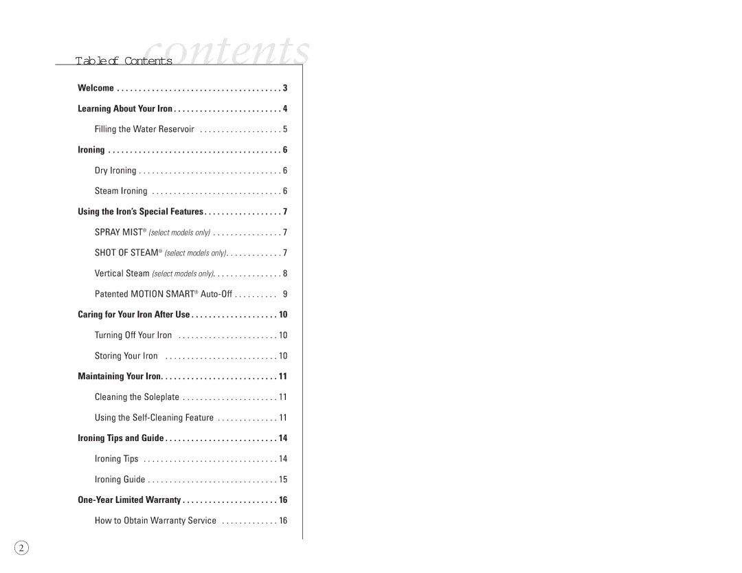 Sunbeam 4045, 4044 user manual Tableof Contentscontents 