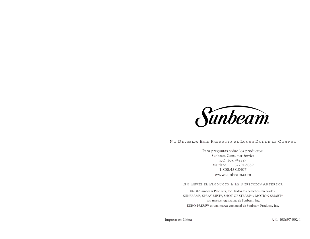 Sunbeam 4045, 4044 user manual Para preguntas sobre los productos 