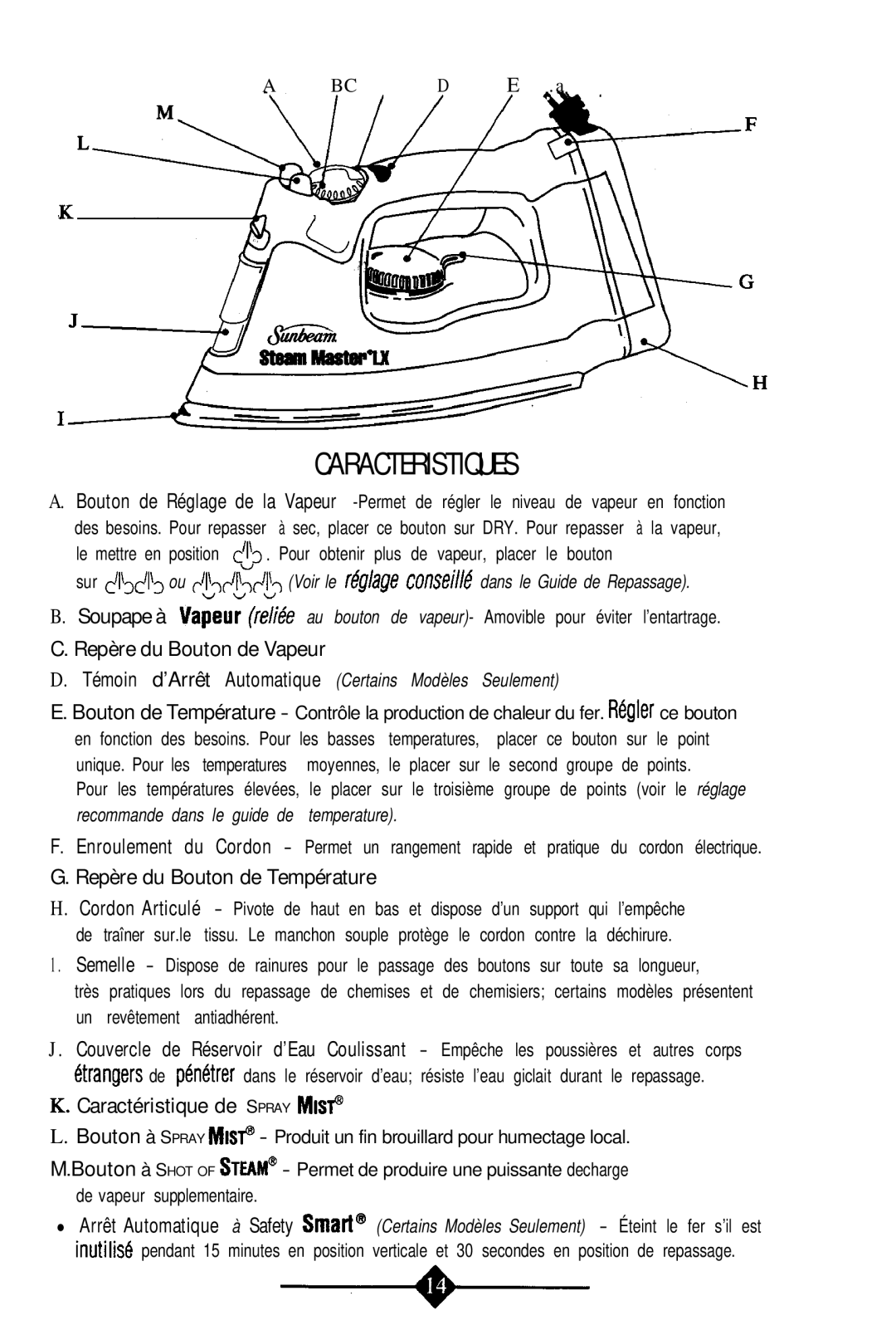 Sunbeam 4059 instruction manual Caracteristiques, Témoin d’Arrêt Automatique Certains Modèles Seulement 