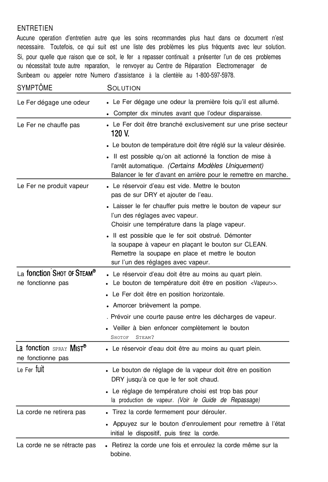 Sunbeam 4059 instruction manual 12ov, La production de vapeur. Voir le Guide de Repassage 