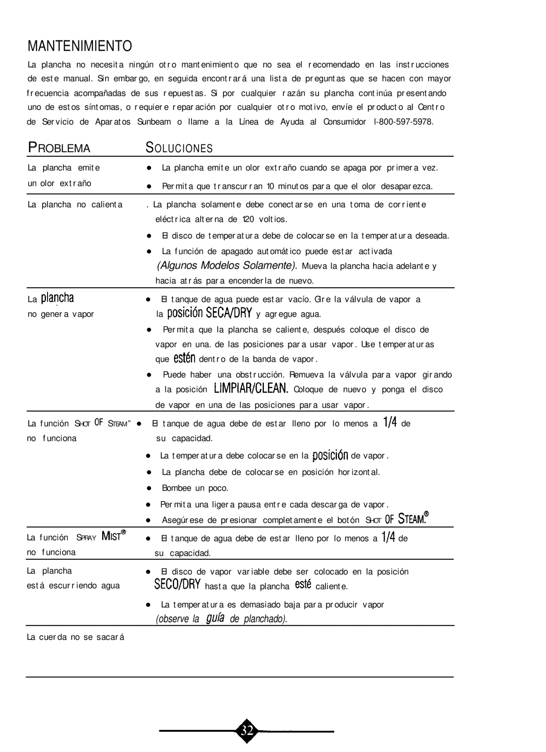 Sunbeam 4059 instruction manual Mantenimiento, Observe la gula de planchado 