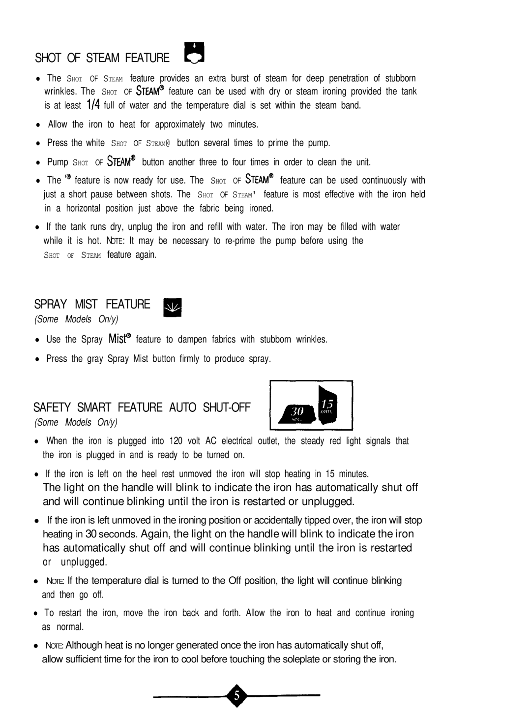 Sunbeam 4059 instruction manual Shot of Steam Feature B, Safety Smart Feature Auto SHUT-OFF, Some Models On/y 