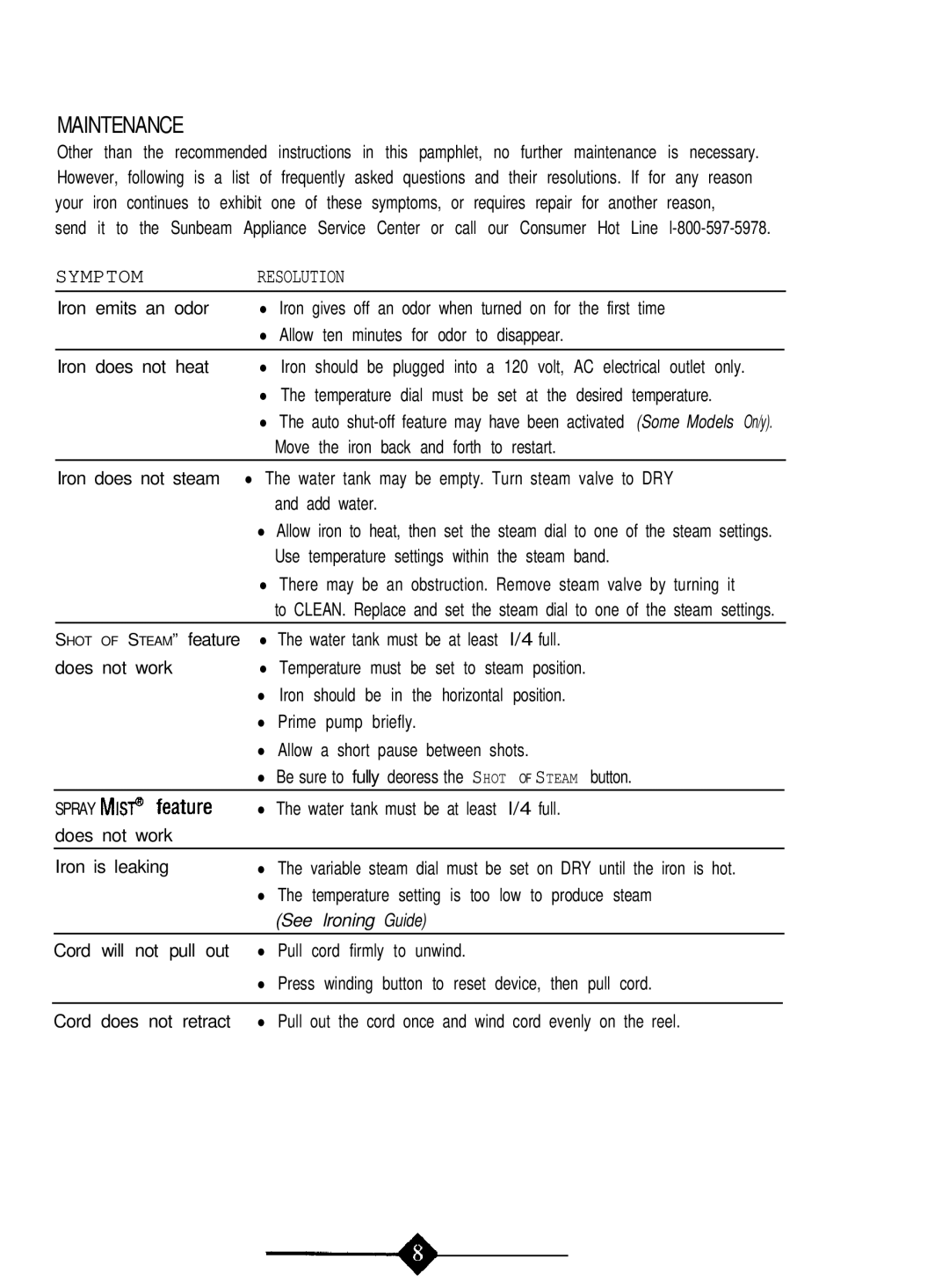 Sunbeam 4059 instruction manual Maintenance 