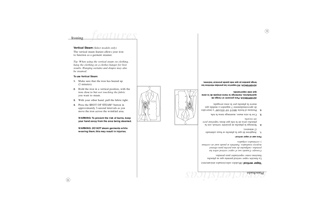 Sunbeam 4061, 4062, 4064, 4065, 4067 user manual Ironing features, Vertical Steam Select models only, To use Vertical Steam 