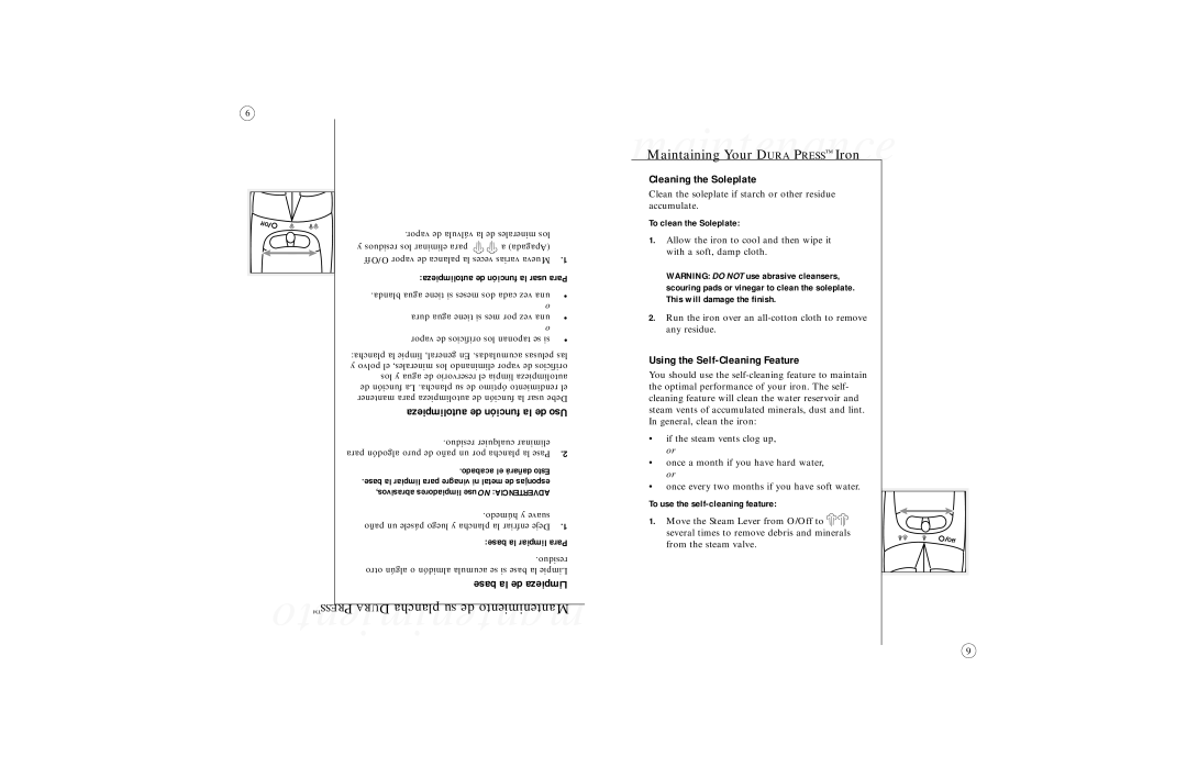 Sunbeam 4061, 4062, 4064, 4065, 4067 Base la de Limpieza, Cleaning the Soleplate, Using the Self-Cleaning Feature 