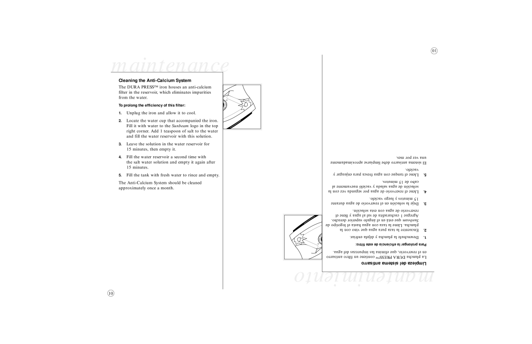 Sunbeam 4061, 4062, 4064, 4065, 4067 user manual Maintenance, Mantenimiento, Cleaning the Anti-Calcium System 