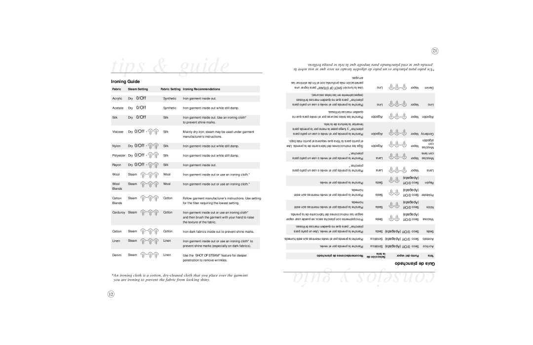 Sunbeam 4061, 4062, 4064, 4065, 4067 user manual Tips & guide, Guía y consejos, Ironing Guide, Planchado de Guía 