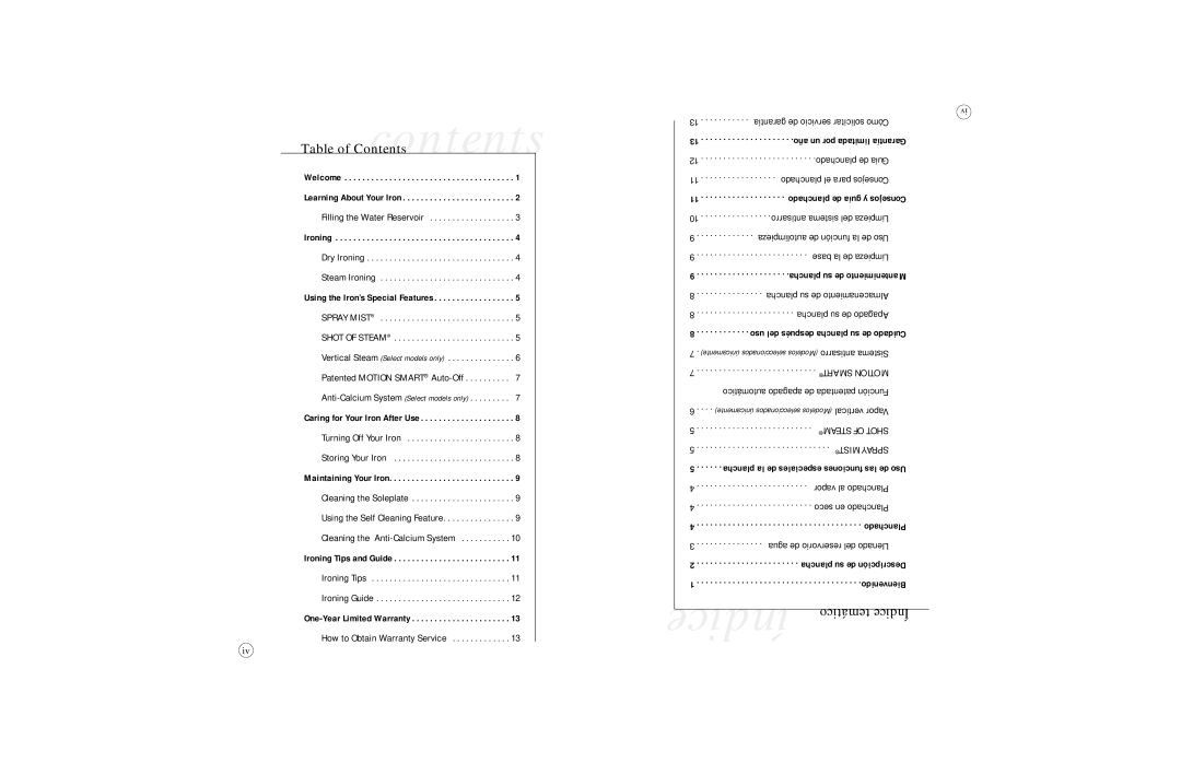 Sunbeam 4061, 4062, 4064, 4065, 4067 user manual Table of Contentscontents, Temático Índice 