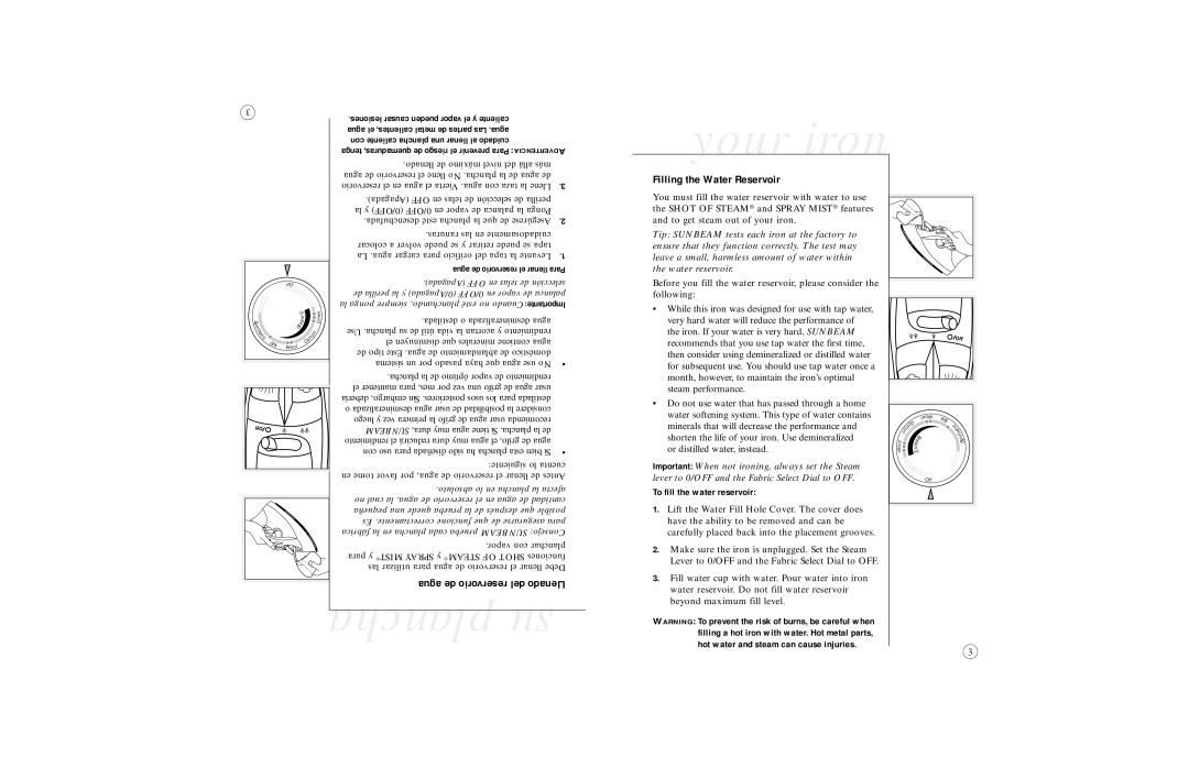 Sunbeam 4061, 4062, 4064, 4065, 4067 Plancha su Your iron, Filling the Water Reservoir, To fill the water reservoir 