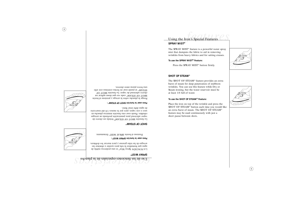 Sunbeam 4061, 4062, 4064, 4065, 4067 user manual Steam of Shot función la usar Para, To use the Spray Mist Feature 