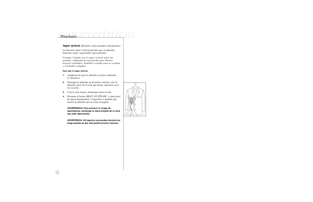 Sunbeam 4065 & 4067, 4061, 4064, 4062 user manual CaracterísticasPlanchado 