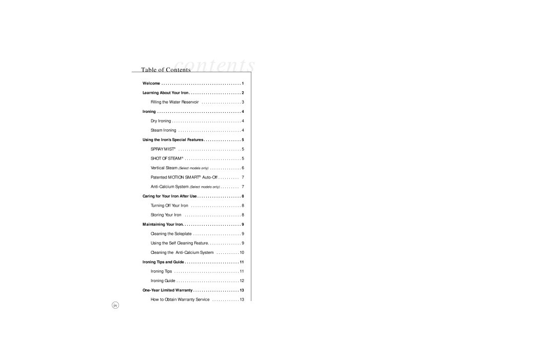 Sunbeam 4065 & 4067, 4061, 4064, 4062 user manual Table of Contentscontents 