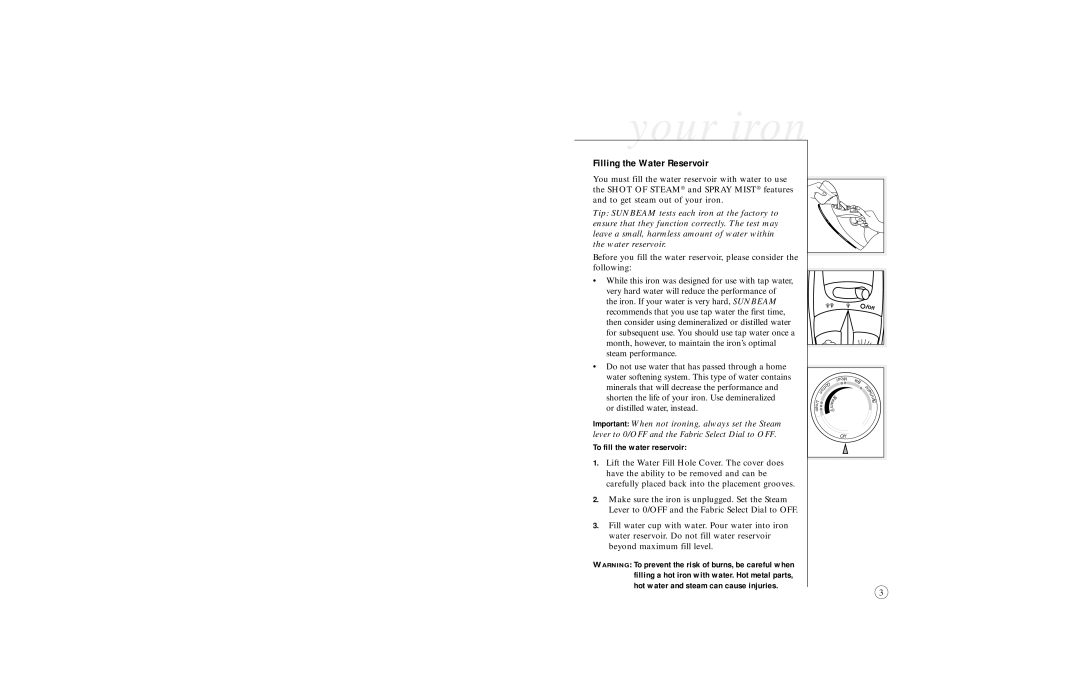 Sunbeam 4062, 4065 & 4067, 4061, 4064 user manual Filling the Water Reservoir, To fill the water reservoir 