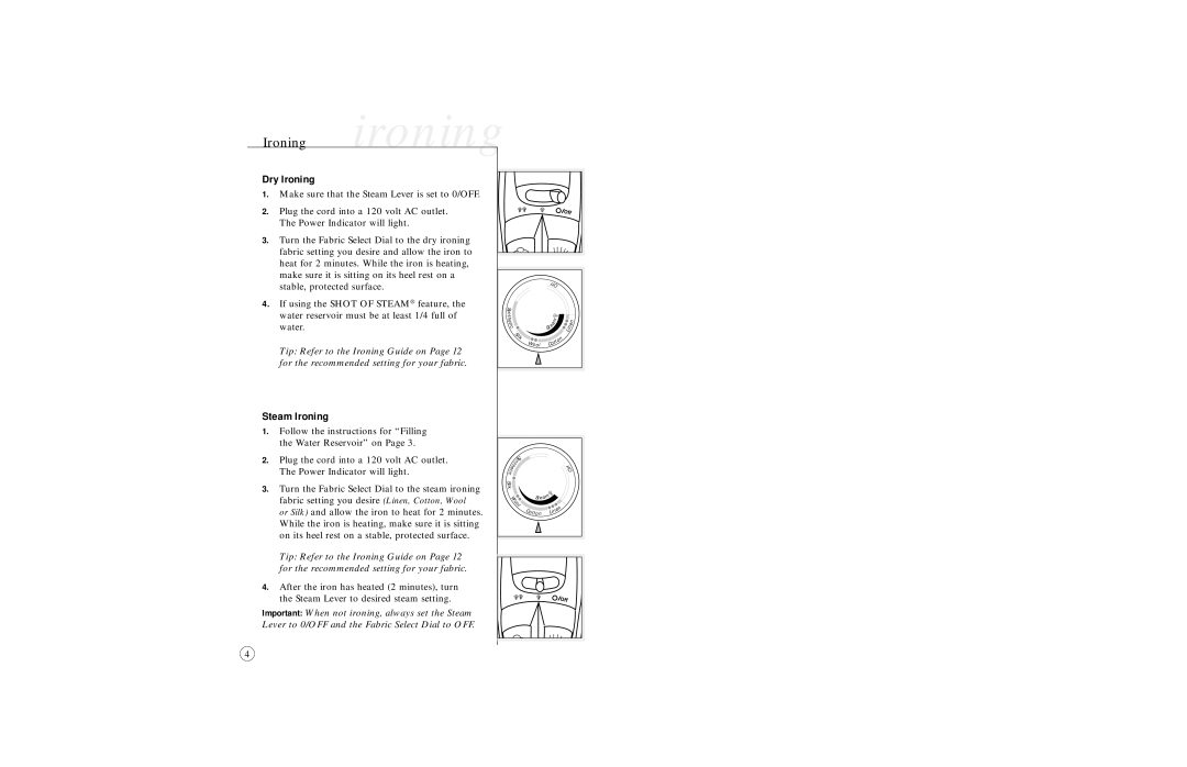 Sunbeam 4065 & 4067, 4061, 4064, 4062 user manual Dry Ironing, Steam Ironing 