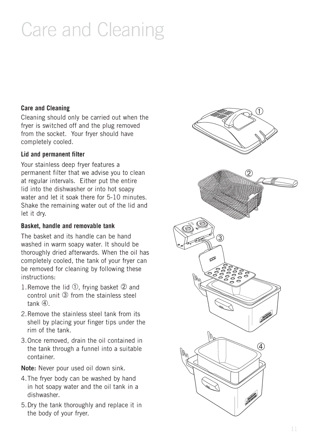 Sunbeam 4.0L manual Care and Cleaning, Lid and permanent filter, Basket, handle and removable tank 