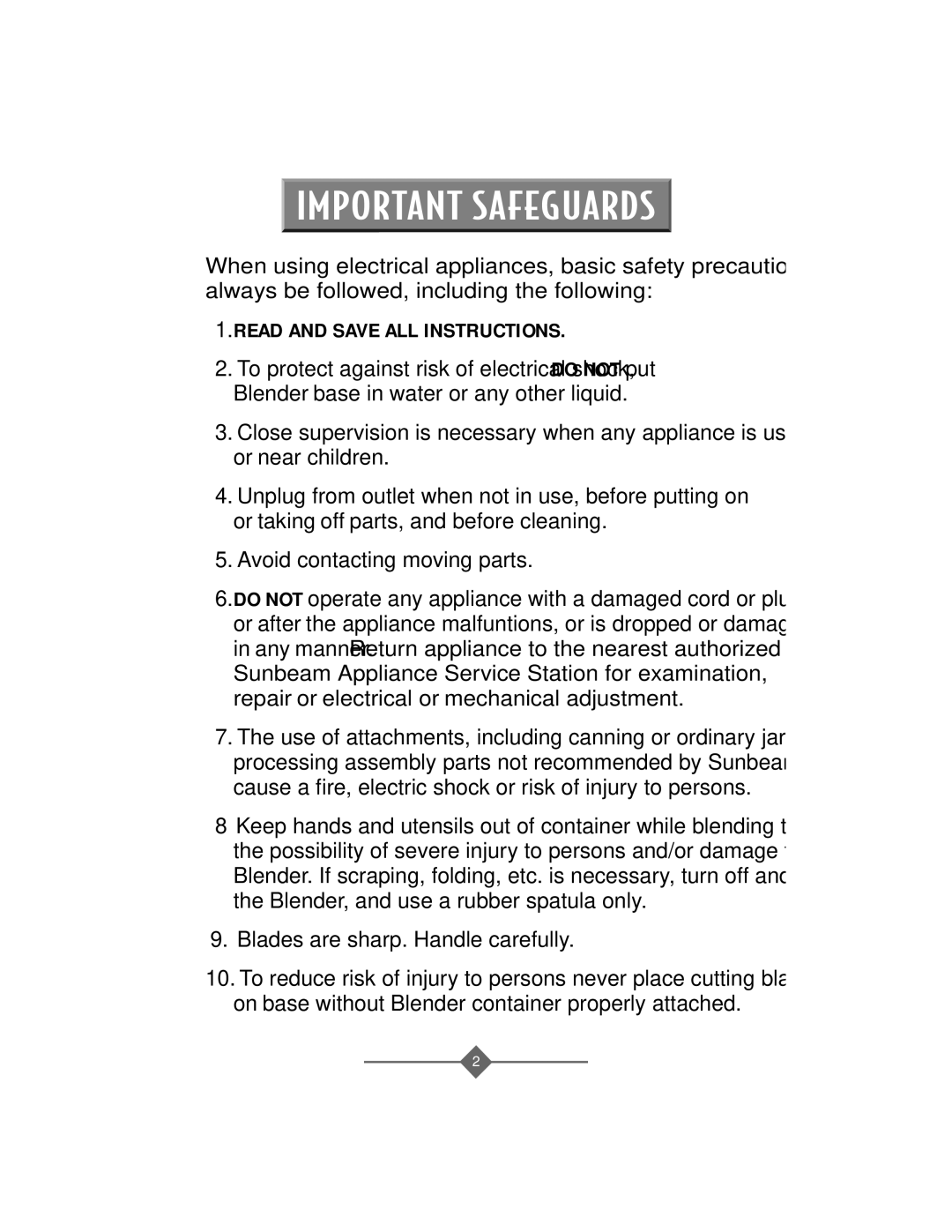 Sunbeam 4142 & 4144, 4141 instruction manual Important Safeguard S 