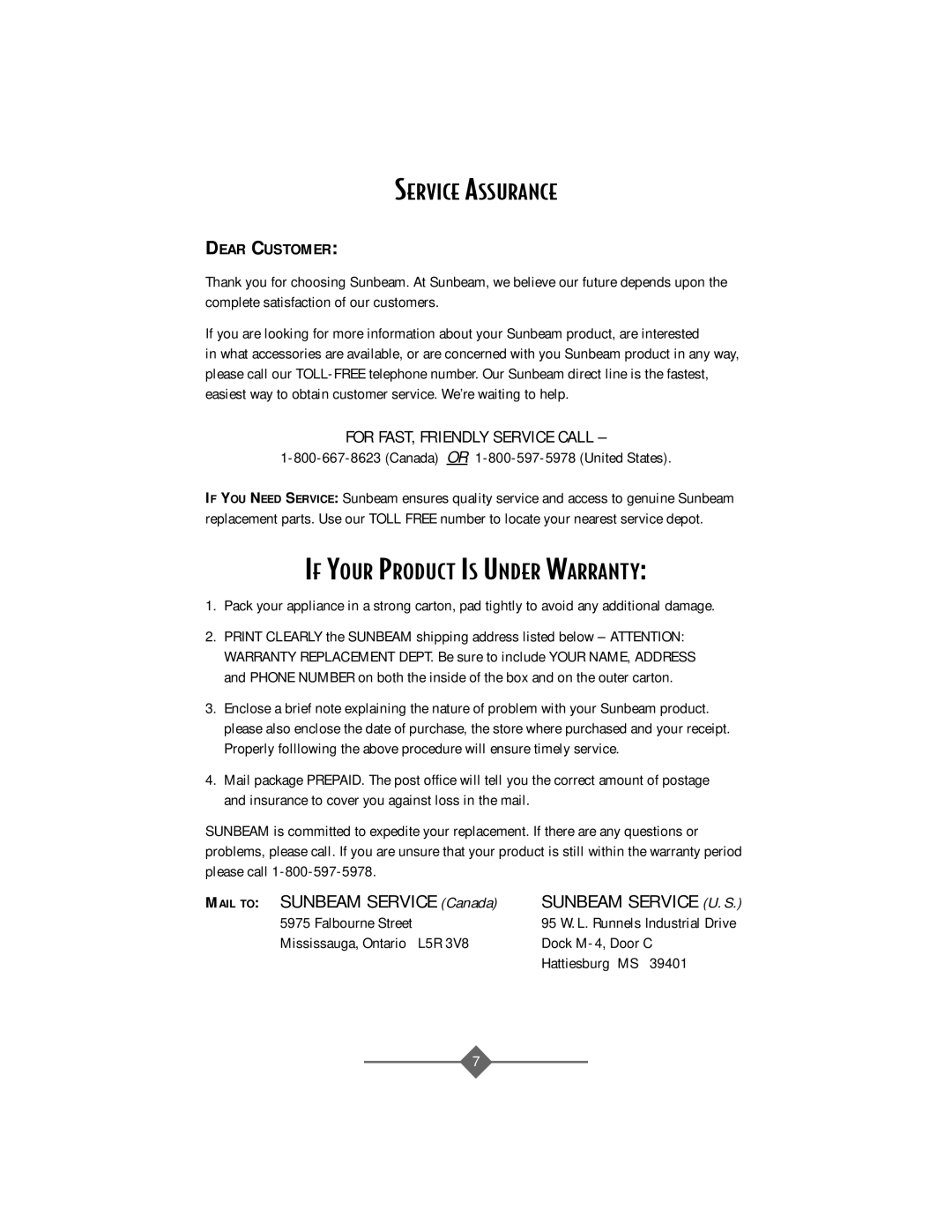 Sunbeam 4141, 4142 & 4144 instruction manual Service Assurance, If Your Product is Under Warranty, Dear Customer 