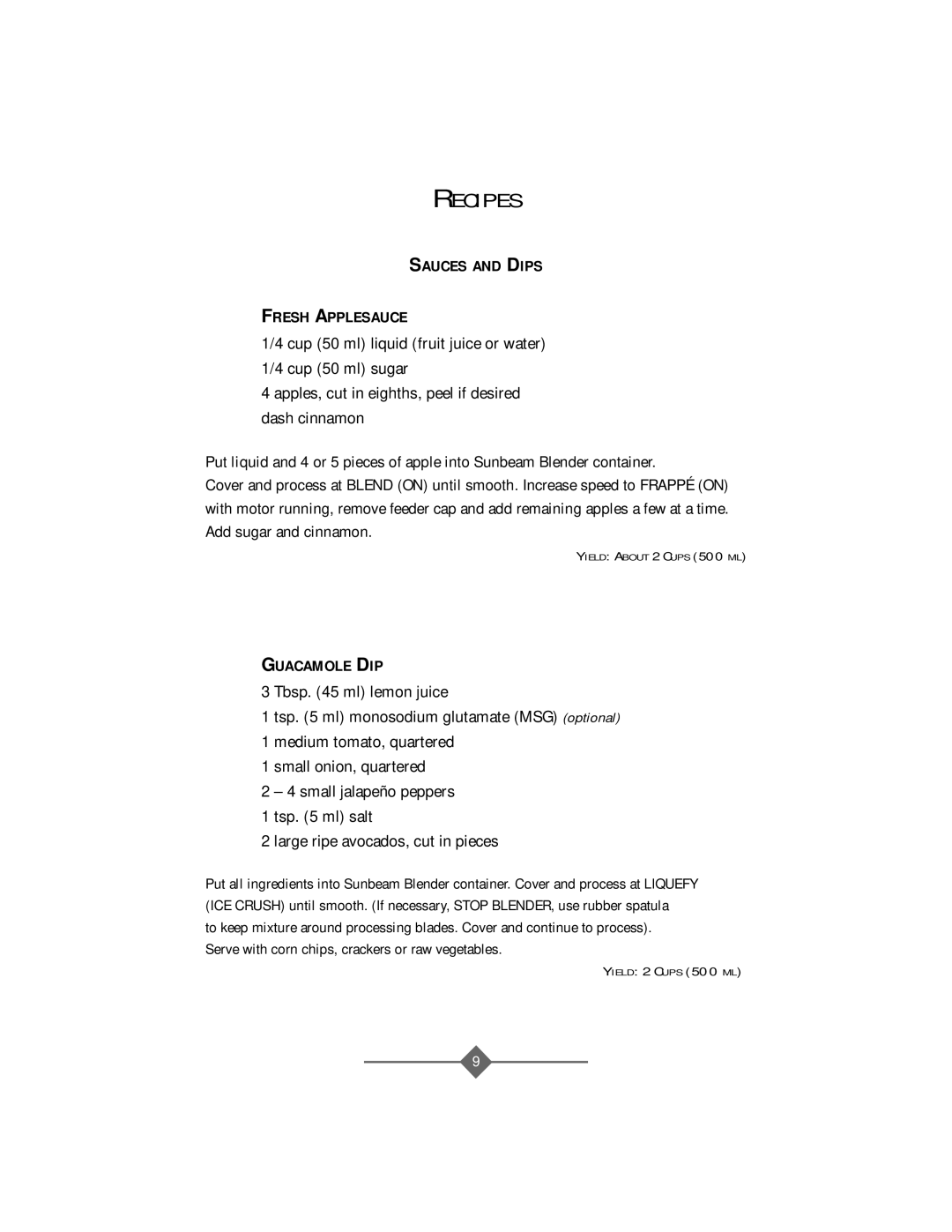 Sunbeam 4141, 4142 & 4144 instruction manual Recipes, Sauces and Dips Fresh Applesauce, Guacamole DIP 