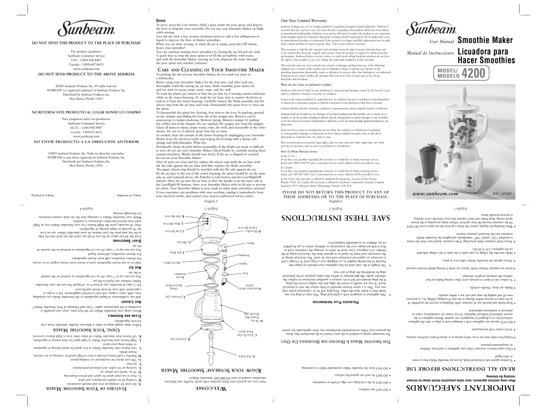 Sunbeam 4200 user manual Do not Send Product to the Above Address, No Envíe Producto a LA Dirección Anterior, Moothie OUR 