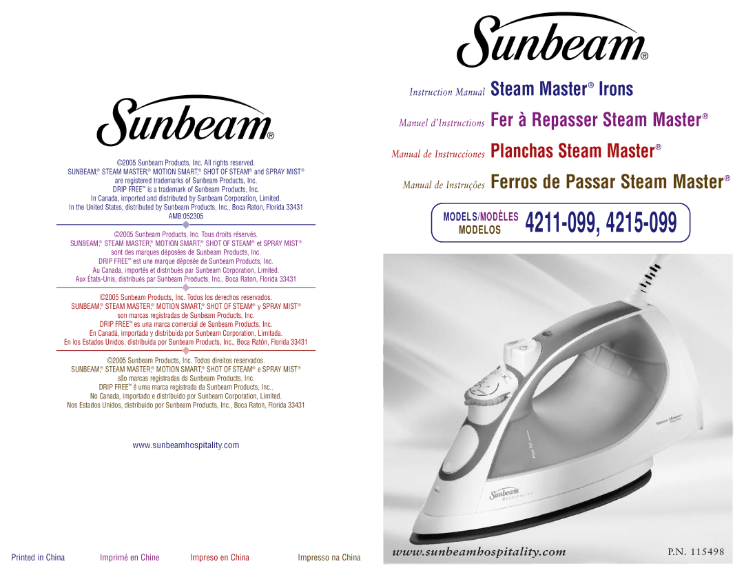 Sunbeam 4215-099, 4211-099 instruction manual Manual de Instruçôes Ferros de Passar Steam Master 