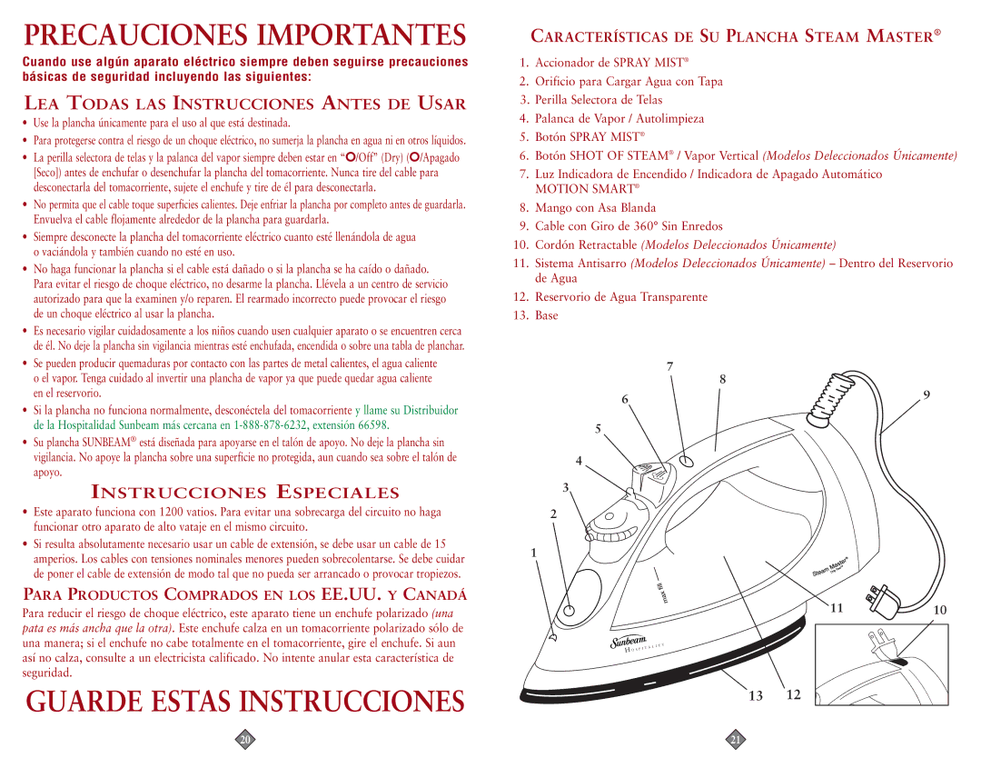 Sunbeam 4215-099, 4211-099 instruction manual Precauciones Importantes 