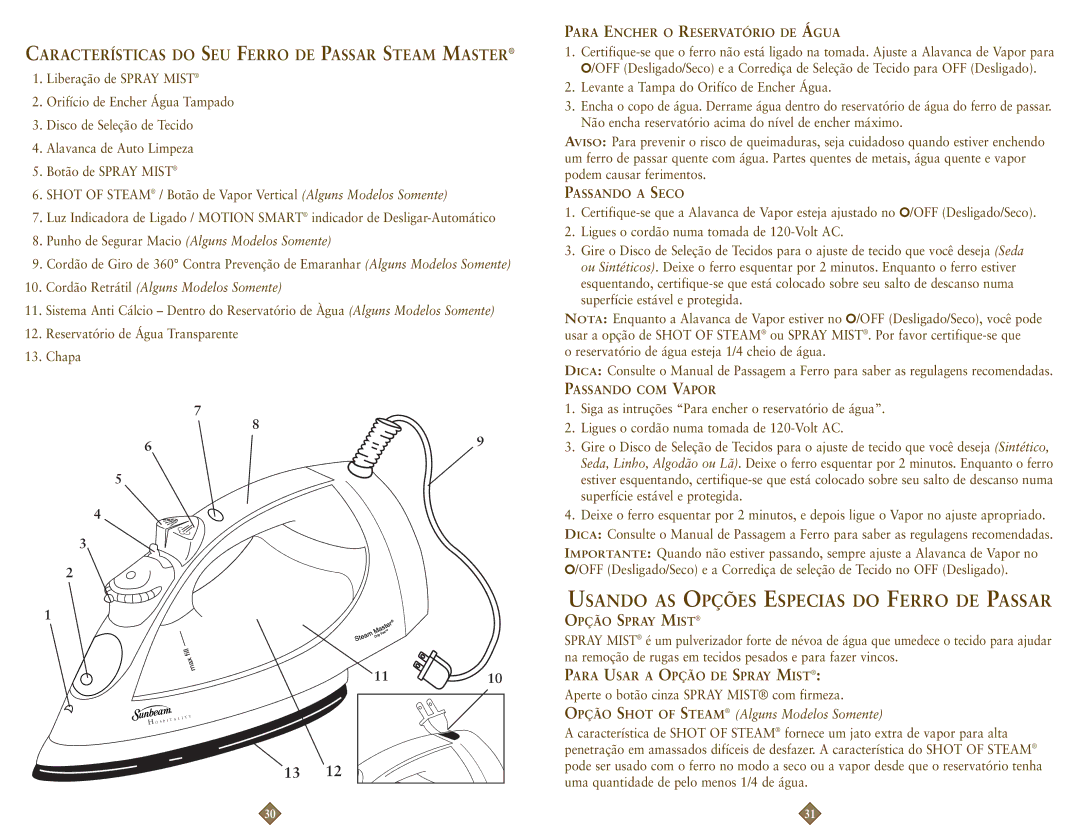 Sunbeam 4211-099, 4215-099 instruction manual Usando AS Opções Especias do Ferro DE Passar 