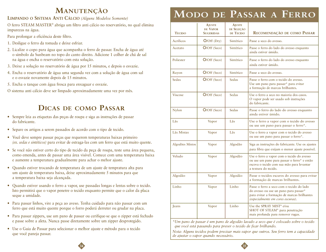 Sunbeam 4211-099, 4215-099 instruction manual Modo DE Passar a Ferro 