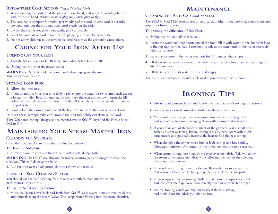 Sunbeam 4211-099, 4215-099 instruction manual Ironing Tips 