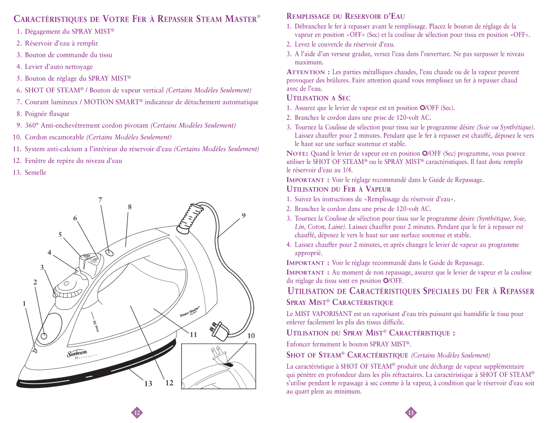 Sunbeam 4215-099, 4211-099 instruction manual Caractéristiques DE Votre FER À Repasser Steam Master 