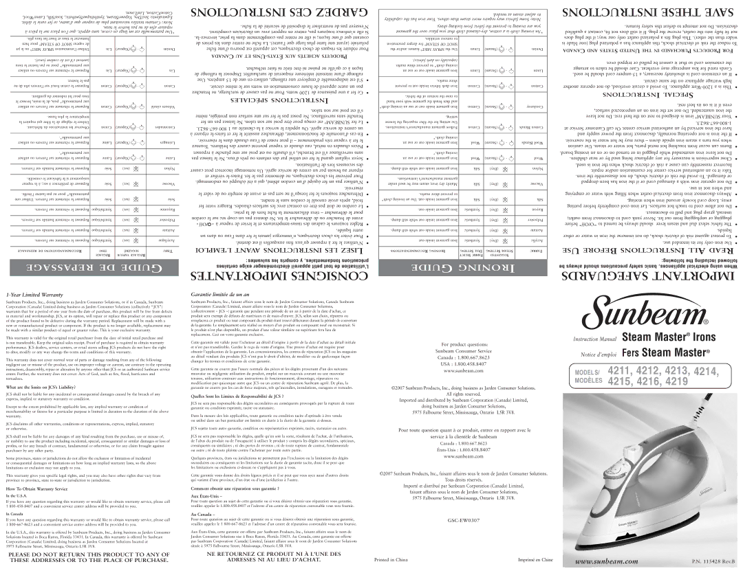 Sunbeam 4219, 4215, 4213, 4216, 4212 instruction manual Anadac AU ET NISU-TATSÉAUX Achetés Roduitsp, U.S.A, Canada 