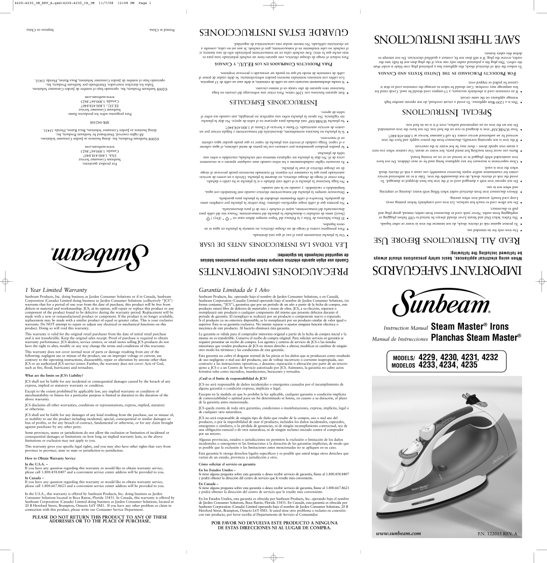 Sunbeam 4229 instruction manual What are the limits on JCS’s Liability?, How to Obtain Warranty Service U.S.A, Canada 